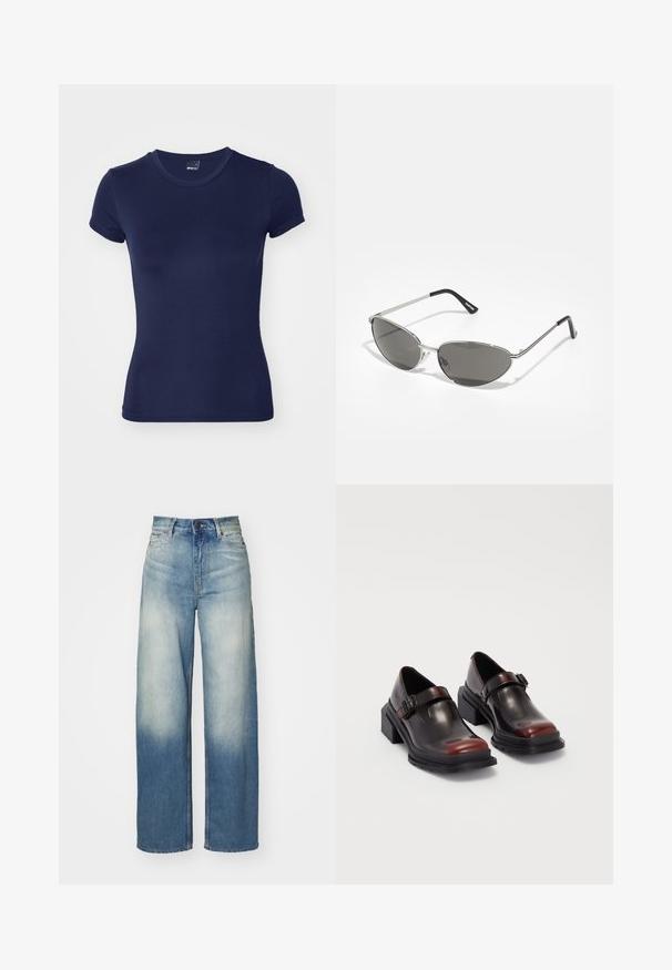 Gina Tricot SOFT TOUCH TOP - Basic T-shirt - black iris; Light blue wide-leg jeans with a high waist, made from denim, featuring a faded gradient, five pockets, and metal hardware accents.; Leather block-heeled shoes with a shiny dark burgundy finish, featuring a buckle strap and rounded toe design. Textured outsole for grip.; Sunglasses with a sleek, silver metal frame, gray tinted lenses, and an aerodynamic design featuring pointed edges and thin arms.