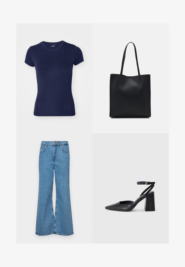 Gina Tricot SOFT TOUCH TOP - T-shirt basic - black iris; Lichtblauwe flared jeans van denim, met een hoge taille, vijf zakken en een enkele knoopsluiting. Zachte textuur met een vervaagde afwerking.; Zwarte leren puntige pump met een enkelbandje en een chunky hak. Vlakke textuur, strakke vormgeving en minimalistische esthetiek.; Zwarte leren handtas met een gladde textuur, rechthoekige vorm en twee lange handvaten. Geen zichtbare hardware of versieringen.
