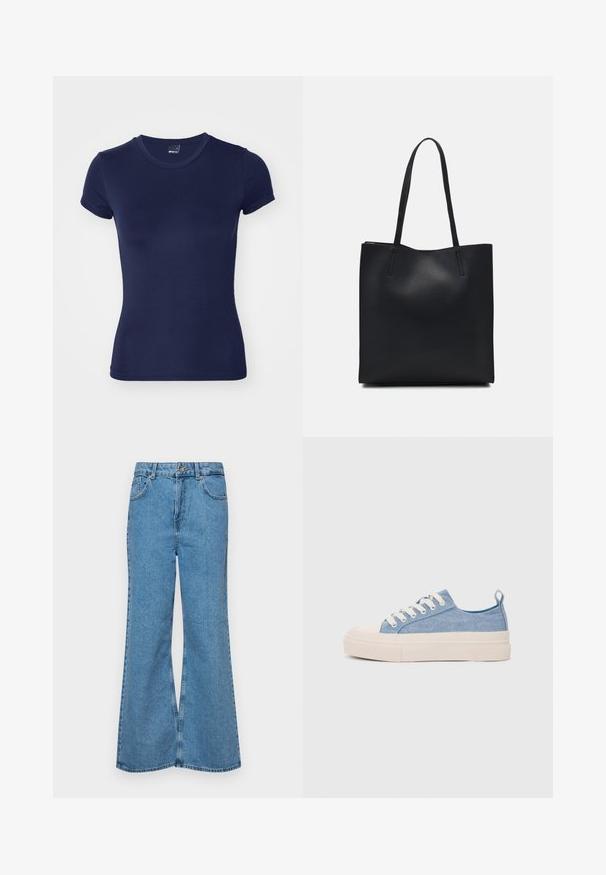 Gina Tricot SOFT TOUCH TOP - Lihtne T-särk - black iris; Heledad sinine flared teksade rõivad, millel on kõrge talje, viis taskut ja üks nupulukk. Pehme tekstuur ja pleekinud viimistlus.; Heledad sinised kangast tennisekingad koorevärvi kummist varbakatte ja taldaga, millel on valged paelad ja tõmblukk kandadel.; Mustast nahast kott sujuva tekstuuriga, ristkülikukujuline ja kahe pika sangaga. Pole nähtavat riistvara ega kaunistusi.