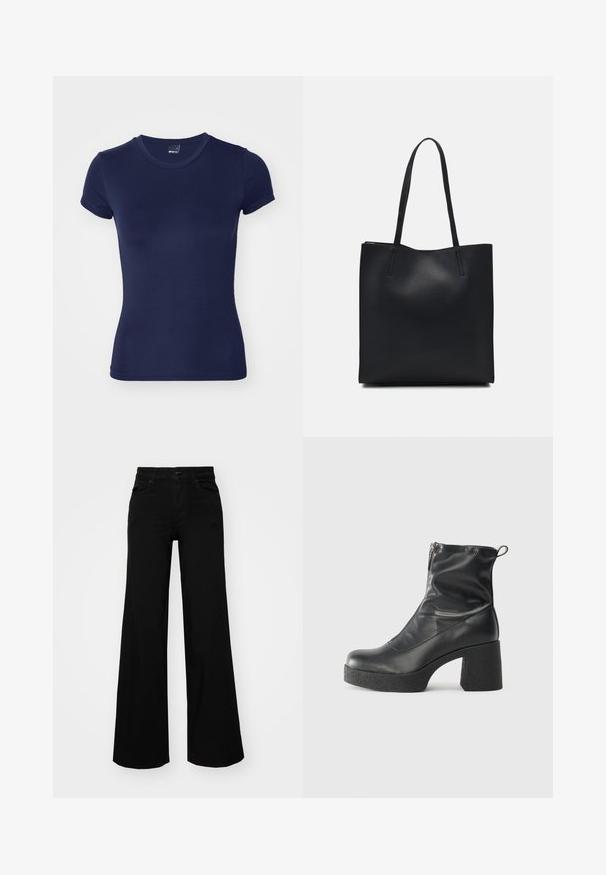 Gina Tricot SOFT TOUCH TOP - T-shirts - black iris; Svart vide bukser laget av denim, med en strukturert midjebånd, beltestropper og frontlommer. Glatt tekstur med et klassisk design.; Svarte ankelstøvler laget av glatt lær, med glidelås på siden, chunky strukturert hæl, og rund tå-design.; Svart lær tote bag med glatt tekstur, rektangulær form og to lange håndtak. Ingen synlige deler eller dekorasjoner.