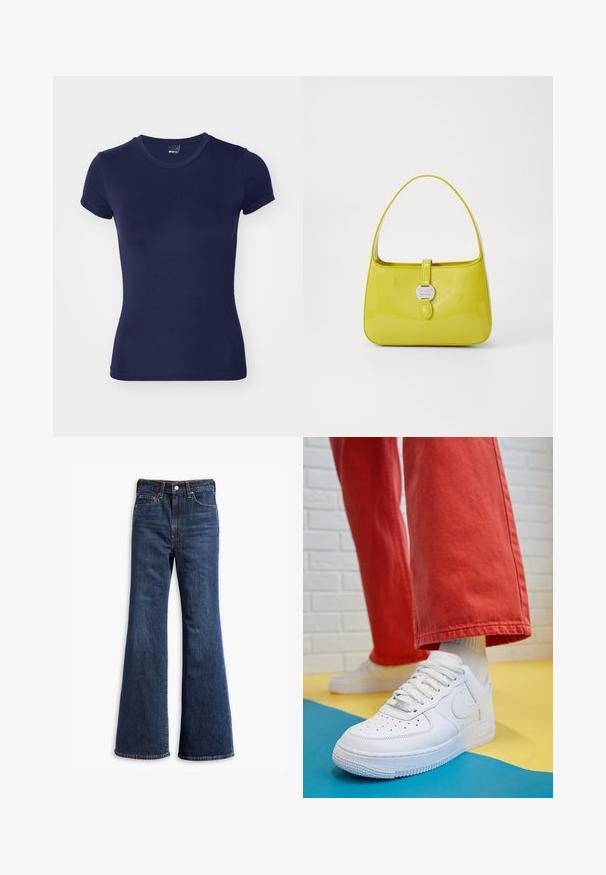 Gina Tricot SOFT TOUCH TOP - T-shirts - black iris; Høytlivete mørkeblå denimjeans med utvidede ben, frontlås med knapp og glidelås, og fem-lommers design.; Hvit lær sneakers med perforert tåboks, teksturert såle og hvite snørebånd, paret med vide røde bukser og en blå og gul bakgrunn.; Gul lakkert lærveske med en strukturert form, et topphåndtak og en frontlukking med trykknapp som har en sirkulær metalllogo som dekorasjon.; Krystall drop øreringer med sølvfarget hardware, som har en kvadratisk studs og kaskader av rektangulære og oktagonale krystaller.