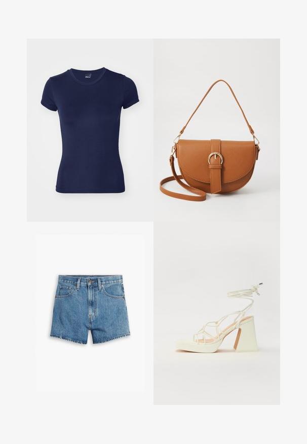 Gina Tricot SOFT TOUCH TOP - Jednoduché tričko - black iris; Džínové šortky v světle modré barvě, s pěti kapsami, zipovým zapínáním a knoflíkovým uzávěrem. Lem je roztrhaný s uvolněným střihem.; Bílé sandály na vysokém podpatku s robustním podpatkem, s designem s pásky a zavazováním kolem kotníku. Hladký povrch s platformou vpředu pro zvýšení výšky.; Hnědá kožená křížová taška s zakřiveným tvarem, zlatými detaily a akcentem s přezkou. Obsahuje odnímatelný popruh na rameno.