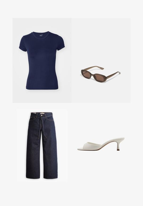 Gina Tricot SOFT TOUCH TOP - Basic T-shirt - black iris; Wide-leg dark blue denim jeans with a high waist, featuring a drawstring tie, five pockets, and contrasting stitching details.; White open-toed high-heeled mules with a smooth finish, minimalist design, and a slender heel, featuring a subtle brown accent on the sole.; Brown oval sunglasses with dark lenses. Frame has a transparent brown material and features a logo printed on the temples.; Green leather handbag with a smooth texture, curved shape, and braided handle. Features a zip closure and an adjustable strap.