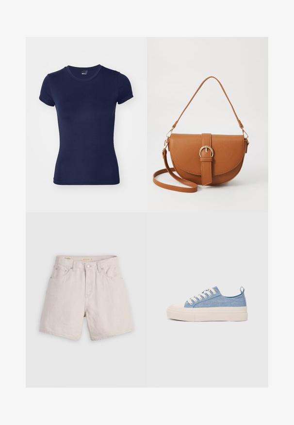 Gina Tricot SOFT TOUCH TOP - T-paita - black iris; Beige farkkushortsit korkealla vyötäröllä, napilla suljettava etuosa, vyölenkit ja viiden taskun muotoilu; kevyet ja sileäpintaiset.; Vaaleansiniset kangaskengät, joissa on kerma värinen kuminen varvaskuppi ja pohja, valkoiset nauhat ja vetotappi kantapäässä.; Ruskean nahkainen olkalaukku, jossa on kaareva muoto, kultaiset yksityiskohdat ja solkiyksityiskohta. Varustettu irrotettavalla olkahihnalla.