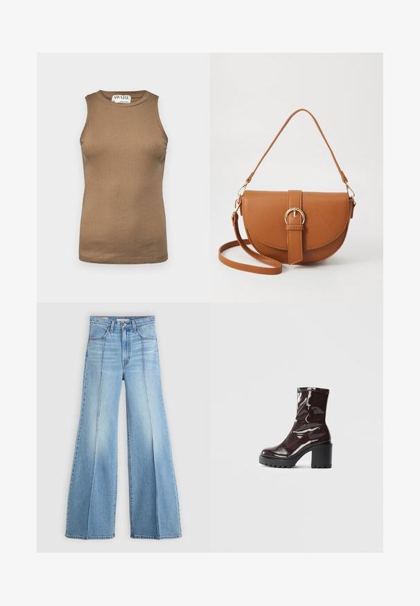 Aware VMA NOOS - Top - otter; Jeans de culoare bleu deschis, cu talie înaltă și picioare largi, buzunare frontale și din spate, bucle pentru curea și detalii cu cusături verticale pe față.; Botine lucioase burgundy, cu toc gros negru, având o textură netedă și un design simplu. Fără închideri sau modele vizibile.; Geantă din piele maro, tip crossbody, cu o formă curbată, accesorii aurii și un accent cu cataramă. Dispune de un curea de umăr detașabilă.