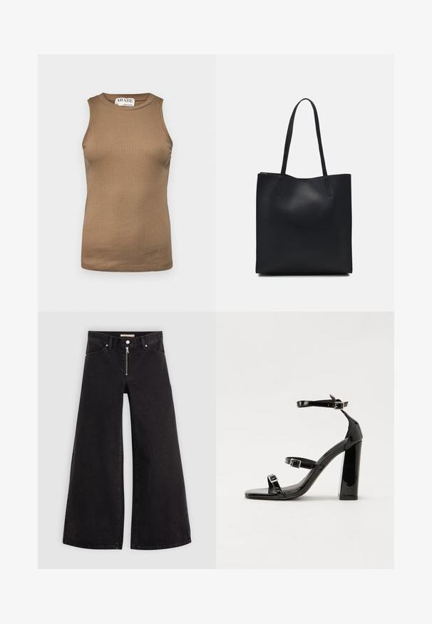 Aware VMA NOOS - Felső - otter; Fekete denim széles szárú farmer, cipzáros elejével, öt zsebes kialakítással és diszkrét varrással. Sima textúra és laza stílus.; Fekete lakk magas sarkú szandál négyzet alakú orral, bokapántokkal és ezüst csatokat tartalmaz. Masszív blokk sarka a stabilitásért felel.; Fekete bőrtáska sima felszínnel, téglalap alakú, két hosszú füllel. Nincs látható fémkiegészítő vagy díszítés.