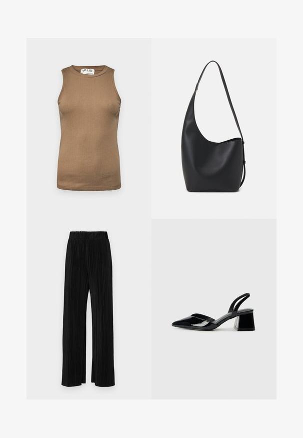 Aware VMA NOOS - Topp - otter; Mustad pleekitud püksid elastse vöökohtaga. Omavad laiad jalad ja sujuvat, tekstureeritud kangast vertikaalsete triipudega.; Mustad musta lakknahk kingad, millel on terav varvas ja geomeetriline plokkkonts. Omab elegantselt minimalistlikku disaini ja sujuvat tekstuuri.; Mustast nahast hobo kott, millel on sile tekstuur, kumer kuju ja üks reguleeritav rihm; peal on lai avaus.