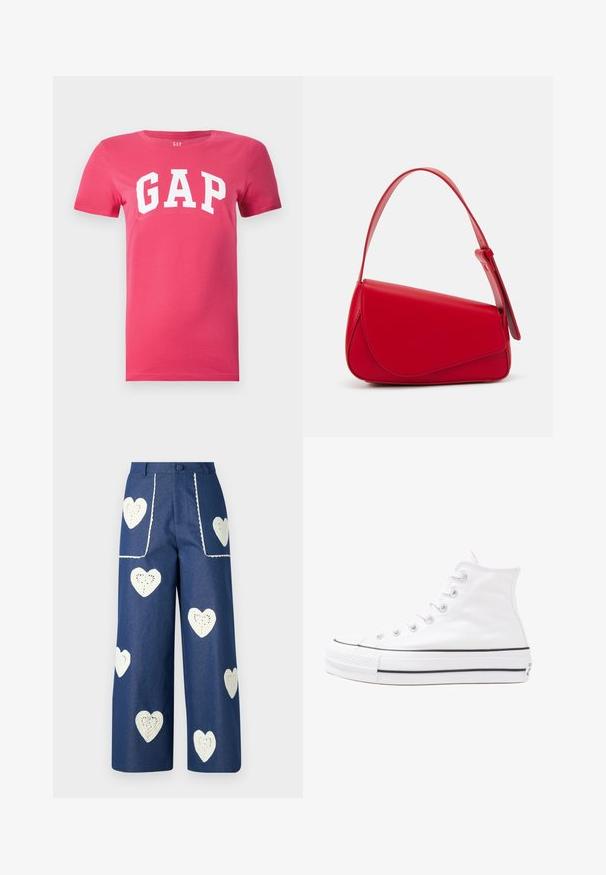T-shirt de algodão rosa com decote redondo e mangas curtas, com a inscrição "GAP" em letras brancas grandes no peito.; Sister Jane HEART TO HEART - Calças de ganga de perna direita - blue denim; Sapatilha alta de tela branca com sola de borracha preta, bico de borracha na frente e seis ilhós para os atacadores, apresentando um design limpo e minimalista.; Bolsa de mão em couro vermelho com um design angular e geométrico. Apresenta uma única alça ajustável e um fecho com aba, com detalhes cosidos.