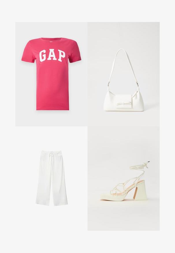 Pink cotton t-shirt featuring a crew neck and short sleeves with "GAP" printed in large white letters across the chest.; White wide-leg pants made of soft fabric, featuring a drawstring waist and two front pockets. Smooth texture and no visible patterns.; White high-heeled sandal with a chunky heel, featuring a strappy design and ankle tie. Smooth texture with a platform front for added height.; White synthetic handbag with a triangular shape, flat front flap and bow detail, adjustable strap, smooth texture, and minimalistic design.