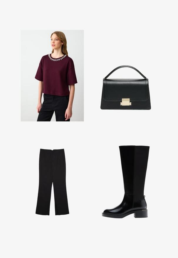 T-shirt corta bordeaux con maniche corte e un col decorato con perline. Materiale morbido con una vestibilità comoda, abbinata a pantaloni neri.; Pantaloni neri a gamba dritta, con tasche frontali e spacchi laterali all'orlo. Realizzati in tessuto morbido e liscio. Adatti a diverse occasioni.; Stivale nero fino al ginocchio in pelle liscia, con evidenti cuciture, tacco spesso e pannello posteriore testurizzato per un tocco di interesse in più.; Borsa a tracolla in pelle nera con design strutturato, manico superiore e dettaglio in metallo dorato sulla parte frontale. Texture liscia, cuciture minime.