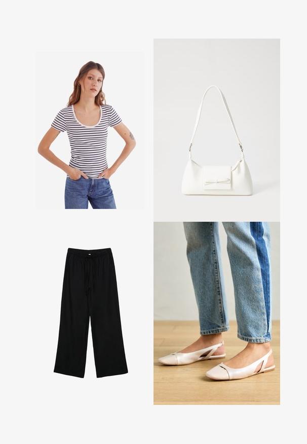 Raidoilla varustettu lyhythihainen paita, jossa on pyöreä kaula-aukko, sisältäen tummansinisiä ja valkoisia vaakasuoria raidoituksia, ribbitekstuuri, yhdistetty korkeavyötäröisten farkkujen kanssa.; Mustat, kevyet, leveälahkeiset housut, joissa on joustava vyötärö ja kiristysnauha. Sileä tekstuuri, ei näkyviä kuvioita tai metalliosia.; Vaaleanpunaiset slingback-ballerinat, joissa on terävä kärki, valmistettu sileästä nahkamaisesta materiaalista. Sivujen leikkuuyksityiskohdat ja tasapohja.; Valkoinen synteettinen käsilaukku, jossa on kolmikulmainen muoto, tasainen etu läppä ja nauhadetail, säädettävä olkahihna, sileä rakenne ja minimalinen muotoilu.