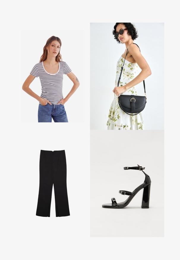 Stribet kortærmet skjorte med scoop-halsudskæring, der har marineblå og hvide vandrette striber, ribbet tekstur, båret med højtaljede jeans.; Sorte bukser med lige pasform, der har frontlommer og slidser i kanten. Lavet af blødt, glat stof. Velegnet til forskellige anledninger.; Sorte patenterede hælsandaler med firkantet tå, ankelremme og sølvspænder. Har en chunky blokHæl for stabilitet.; Sort læderhåndtaske med en buet form, aftagelig rem og guldfinish. Tasken har en klap med en spænde detalje.