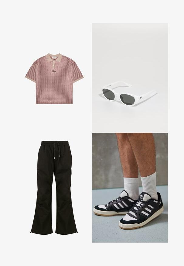 Korte mouwen polo shirt in roze met een geometrisch patroon, beige kraag, drie witte knopen en geborduurd logo op de borst.; Zwarte cargobroek met een wijdvallend ontwerp, elastische tailleband, verstelbaar trekkoord en zijzakken. Gemaakt van soepel, duurzaam materiaal.; Zwart-witte sneakers met een bovenwerk van suede en leer, voorzien van drie witte strepen, een geperforeerde neus en een rubberen gumzool.; Witte zonnebril met ronde montuur en donkere glazen. Heeft een gladde plastic structuur en een klein logo op de poot.