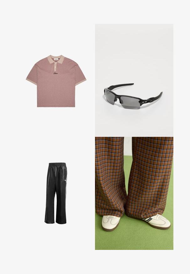 Polo majica s kratkimi rokavi v roza barvi z geometrijskim vzorcem, bež ovratnikom, tremi belimi gumbi in vezenim logotipom na prsih.; Črne sintetične športne hlače z elastičnim pasom, z belimi stranskimi črtami in s majhnim belim logotipom na levem kolku.; Rjave in modre kariraste hlače širokih nogavic, v kombinaciji z belimi čevlji, ki imajo črne poudarke in teksturirane podplate, na zeleni podlagi.; Črne športne sončne očala z sivimi lečami, zasnovo ukrivljenega okvirja in podrobnostmi logotipa na strani. Narejena iz lahkega plastičnega materiala.