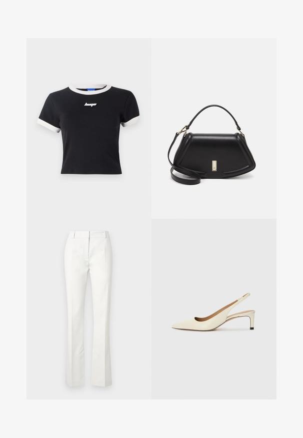 Černé tričko s krátkým rukávem a bílými detaily na límci a rukávech. Na hrudi je černé logo. Vyrobeno z hladkého materiálu.; Bílé kalhoty na míru s rozšířeným spodním lemem, se záhyby vpředu a hladkým povrchem, vyrobené z lehkého materiálu.; Světlé kožené slingback boty s špičatou špičkou, nízkým podpatkem a výřezovým designem, hladkým povrchem a minimálními akcenty.; Černá kožená kabelka se strukturovaným designem, jejíž tvar je zkrácený, má horní rukojeť a zlaté kovové detaily. Součástí je i nastavitelný ramenní popruh.