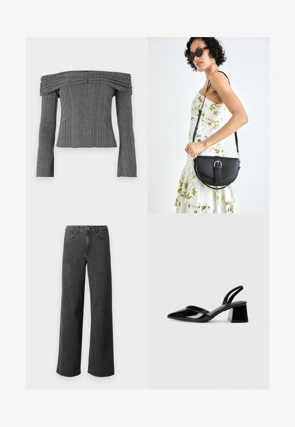 Top off-the-shoulder em tecido cinza texturizado com riscas verticais, apresentando mangas longas e detalhes franzidos ao longo do decote.; Calças de perna larga em denim cinza escuro, apresentando uma textura sutil de padrão zebra, costura em contraste e um design de cinco bolsos com fecho de botão.; Sandy em verniz preto com salto slingback, ponta afilada e salto geométrico. Apresenta um design elegante e minimalista com textura suave.; Bolsa de couro preta com forma curva, alça destacável e detalhes em dourado. A bolsa possui uma aba com detalhe de fivela.