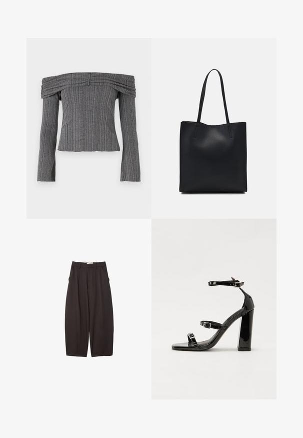 Top bez ramienok z textúrovanej šedej látky s vertikálnymi pruhmi, s dlhými rukávmi a nariasením pozdĺž výstrihu.; Čierne široké nohavice vyrobené z hladkej tkaniny, s vysokým pásom, prednými skladmi a bočnými vreckami. Jednoduchý dizajn bez ozdôb.; Čierne lakované sandále na vysokom opätku s dvoma prackami, štvorcovou špičkou a hrubým blokovým opätkom, s hladkou, lesklou textúrou.; Čierna kožená taška na rameno s hladkým povrchom, obdĺžnikovým tvarom a dvoma dlhými uchami. Bez viditeľného kovania alebo ozdôb.