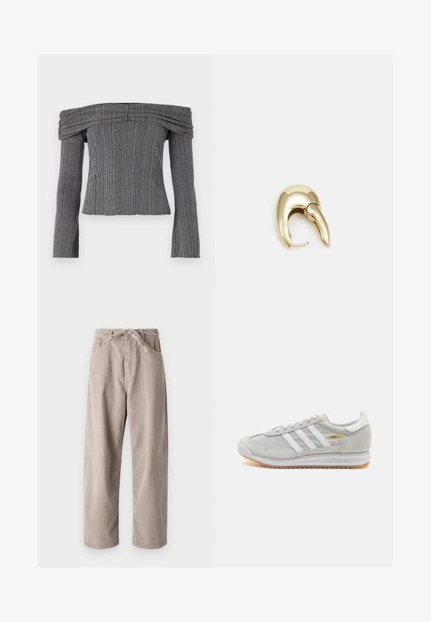 Oficiala pala su tekstūruota pilka medžiaga ir vertikaliomis juostelėmis, ilgos rankovės ir susiraukšlėtas detalės aplink iškirptę.; Šviesiai rudi kordūriniai kelniai, laisvo kirpimo, su raišteliu reguliuojamu juosmeniu, dviem priekinių kišenėlių ir vertikalia juostele.; Šviesiai pilki sportbačiai, pagaminti iš zomšos ir tinklinės medžiagos, su trimis baltais dryžiais, apvaliu pirštu ir guma padu. Auksinė logotipo detalė šalia raištelių.; Aukso tono metalinės auskarai su stilingu, kreiviu dizainu. Išsiskiria ryškiu smailiu pavidalu, poliruota paviršiumi ir užsegimu su vyriu.