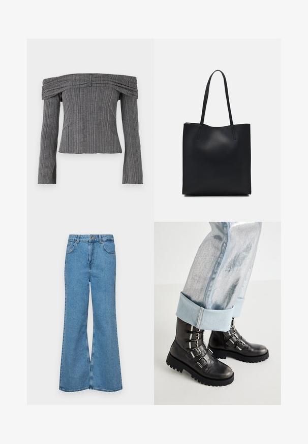 Off-the-shoulder top in textured gray fabric with vertical stripes, featuring long sleeves and gathered detailing along the neckline.; Light blue flared jeans made of denim, featuring a high waist, five pockets, and a single button closure. Soft texture with faded finish.; Black leather ankle boots with five silver buckle accents, a chunky black sole, paired with rolled light blue metallic jeans.; Black leather tote bag with smooth texture, rectangular shape, and two long handles. No visible hardware or embellishments.