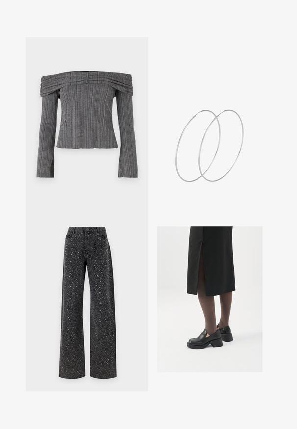 Schulterfreies Oberteil aus strukturiertem grauem Stoff mit vertikalen Streifen, ausgestattet mit langen Ärmeln und gerafften Details am Halsausschnitt.; Noisy May NMJANNEL LOOSE - Jeans Relaxed Fit - black denim; Schwarze Lederschuhe mit abgerundetem Zeh, dicker Blockabsatz und elastischen seitlichen Akzenten, kombiniert mit dunklen Strumpfhosen und einem schwarzen Rock mit Schlitz.; Silberne Creolen mit minimalistischem Design. Rundform, glatte Oberfläche und dünnes Profil. Leichtgewichtig mit hochglänzender Oberfläche.