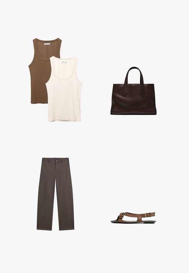 Twee tanktops: de ene in donkerbruin met ribbelstructuur en brede banden, de andere in gebroken wit, van gladde stof met een vergelijkbaar ontwerp.; Brede broek in donkerbruin stof. Heeft een knoopsluiting, twee voorzakken en een soepele textuur met nette naden.; Bruine leren sandaal met een open teen en zijuitsparingen. Voorzien van een enkelband met een metalen gesp en een platte zool.; Bruine leren tote bag met twee verlengde handvatten, gestructureerde rechthoekige vorm, gladde textuur en subtiele stiksels.