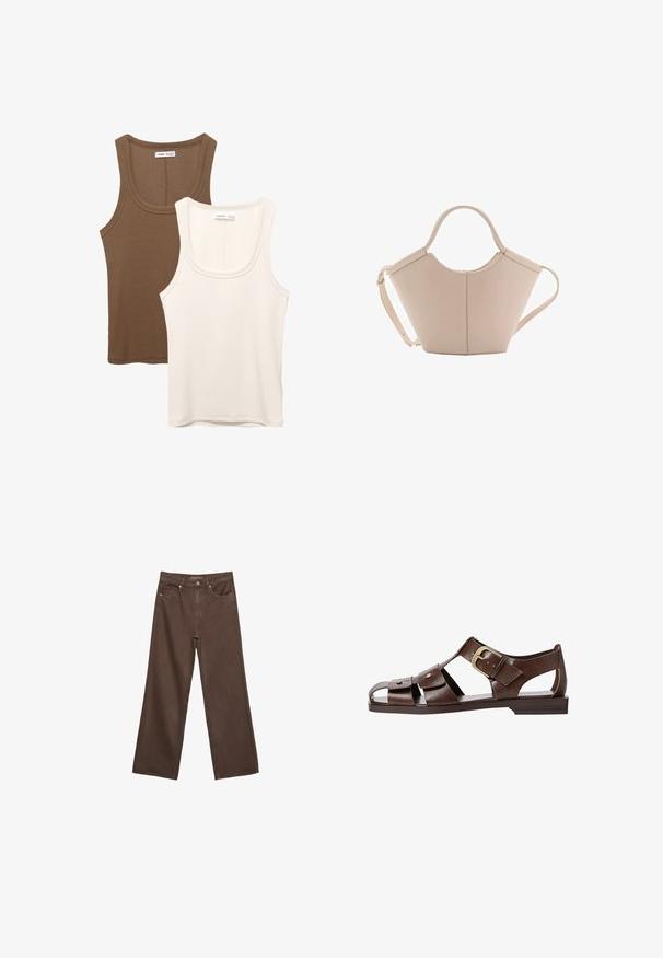 Dwa topy: jeden w ciemnym brązie z prążkowanej tekstury i szerokimi ramiączkami, drugi w kolorze ecru, gładki materiał w podobnym stylu.; Szerokie brązowe dżinsy wykonane z denimu, z wysokim stanem, przednimi kieszeniami i klasycznym zapięciem na guzik. Gładka faktura z subtelnym przeszyciem.; Brązowe skórzane sandały z wycięciami, regulowanym zapięciem po boku i płaską podeszwą, z metalowymi akcentami i otwartym noskiem.; Beżowa skórzana torebka o unikalnym kształcie, z dwoma krótkimi uchwytami i długim, regulowanym paskiem. Gładka tekstura z minimalną ilością elementów metalowych.