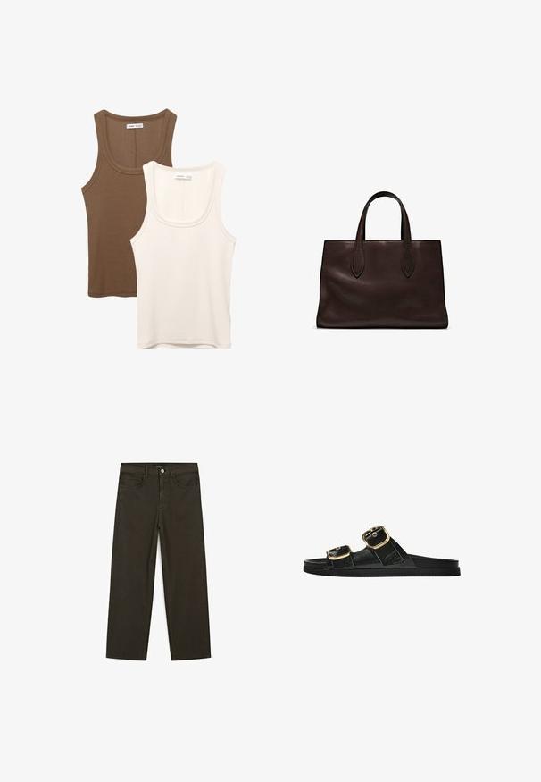 To indtoppe: en i mørkebrun med ribbet tekstur og brede stropper, den anden i off-white, glat stof med lignende design.; Mørkegrønne brede jeans lavet af en bomuldsblanding, med en frontlukning med knap, fem lommer og klassisk denim-syning.; Sort skridsandal med to guldspænder, glat tekstureret materiale, flad sål og et minimalistisk design.; Brun læder tote bag med to forlængede håndtag, struktureret rektangulær form, glat overflade og subtile syninger.