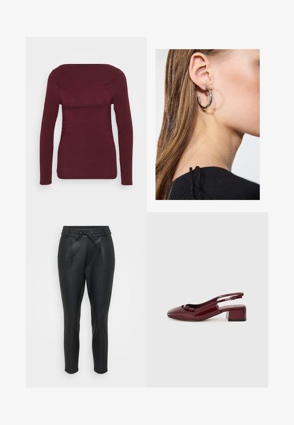 Burgundi pika pikad varrukad, pehmest kangast, ruudukujulise kaelusega ja külgmiste kogumistega kehakujulise disaini jaoks. Sile tekstuur, ilma mustriteta.; Must mustratsiooniga mustad kunstnahast püksid, millel on elastne vöökoht, ees olevad voldid ja nöörilukku. Kitsenev sobivus sujuva tekstuuriga.; Burgundia läikiv nahk slingback king, millel on ruudukujuline varvas, väike blokk-kreen ja dekoratiivne pael esi-rihmal.; Hõbedane rõngas kõrvarõngas poleeritud viimistlusega, millel on väikesed kuldsed aktsendid ja ümmargune kuju, kantud lobus.