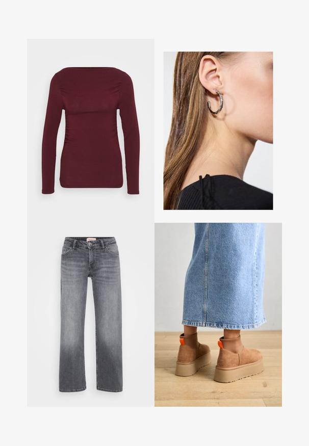 Burgunderfarget langermet topp laget av myk stoff, med firkantet utringning og side ruching for en tettsittende design. Jevn tekstur uten mønstre.; Grå denimjeans med rett ben-design, fem-lomme stil, subtil falming, og knappelukking i midjen.; Brune semska plattformstøvler med elastiske sidepaneler og orange rekkehalser, parret med en knelange lys denimskjørt på et tregulv.; Sølv ringøredob med en polert finish, med små gull detaljer og en rund form, båret på øreflippen.