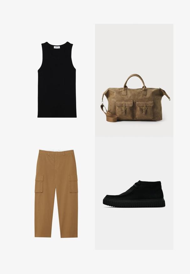 Schwarzes, geripptes Tanktop mit ärmellosem Design, runder Halslinie und glatter Textur. Das Etikett trägt die Aufschrift "PIER ONE" nahe dem Hals.; Braune Cargo-Hosen mit zwei Seitentaschen, flachem Vorderteil und geradem Beinansatz. Hergestellt aus einem strapazierfähigen Stoff mit glatter Textur.; Schwarze Knöchelschuhe aus weichem Material, mit runder Spitze, minimaler Schnürung und einer strukturierten Gummisohle mit vertikalen Rillen.; Braune Ledertasche mit zwei Fronttaschen, verstellbarem Schulterriemen, goldfarbenen Beschlägen und stabilen oberen Griffen. Glatte Textur.