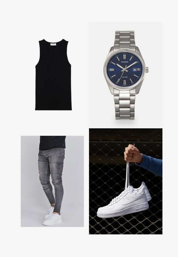 Crni rebrasti top bez rukava s okruglim izrezom i glatkom teksturom. Oznaka kaže "PIER ONE" blizu vrata.; Uske mršave traperice u izblijedjelom sivoj boji, s iznošenim detaljima na koljenima, uparenim s bijelim tenisicama. Glatka tekstura, dizajn prilagođen tijelu.; Bijele kožne tenisice s perforacijama, okruglim vrhom, ravnim potplatom i debelim vezicama, s vidljivim swoosh logom i natpisom "AIR" na peti.; Srebrni sat od nehrđajućeg čelika s tamnoplavim brojčanikom, metalnim oznakama sati i prozorom za datum na 3 sata. Vodootporan do 50 metara.