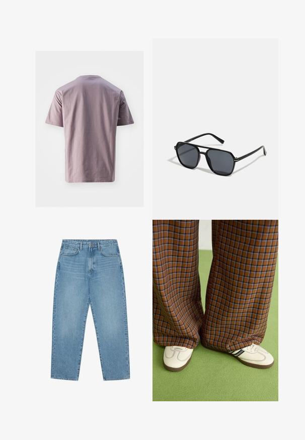 Short-sleeve, crew-neck t-shirt in soft lavender cotton with a smooth texture. Straight hem and minimalist design, no visible logos or patterns.; Light blue denim wide-leg jeans with a high waist, featuring five pockets, belt loops, and a soft, slightly faded texture.; Brown and blue plaid wide-leg trousers paired with white shoes featuring black accents and textured soles, set against a green background.; Black sunglases with octagonal frame, dark lenses, glossy finish, thin temples, and gold accents on the front.
