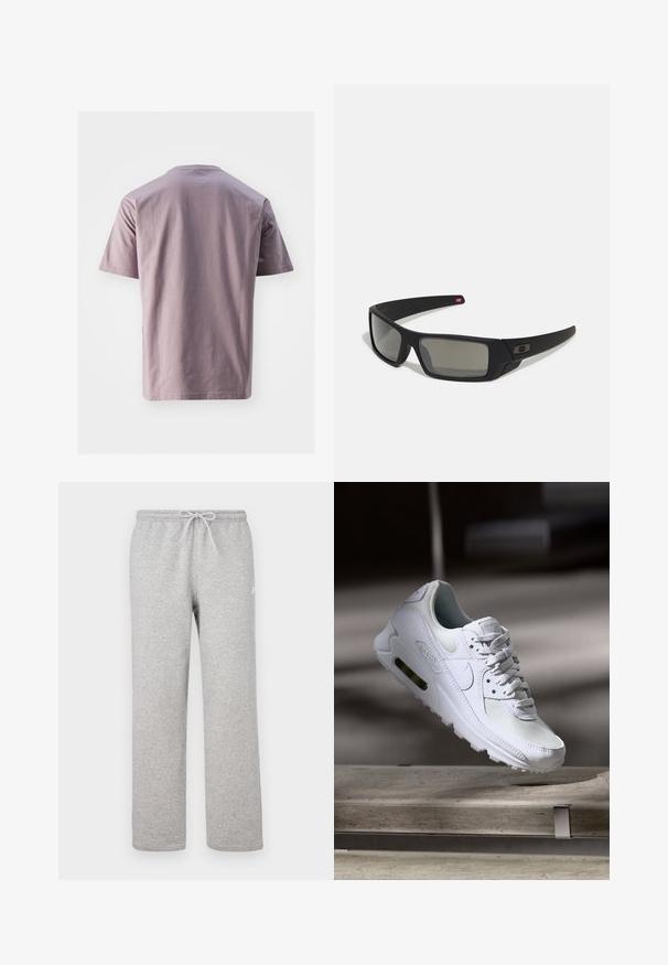 Korte mouwen, ronde hals t-shirt van zacht lavendel katoen met een gladde textuur. Rechte zoom en minimalistisch ontwerp, zonder zichtbare logo's of patronen.; Grijze sweatpants van zacht materiaal, met een elastische tailleband met een trekkoord, rechte pijpen en een klein logo aan de zijkant.; Witte Nike Air Max 90 sneaker met een bovenwerk van mesh en leer, een geperforeerde teenbox en een zichtbare luchtunit in de hiel.; Zwarte zonnebril met een matte afwerking, rechthoekige glazen, een lichte kromming op de slapen, subtiele logodetails en rookgetinte glazen.