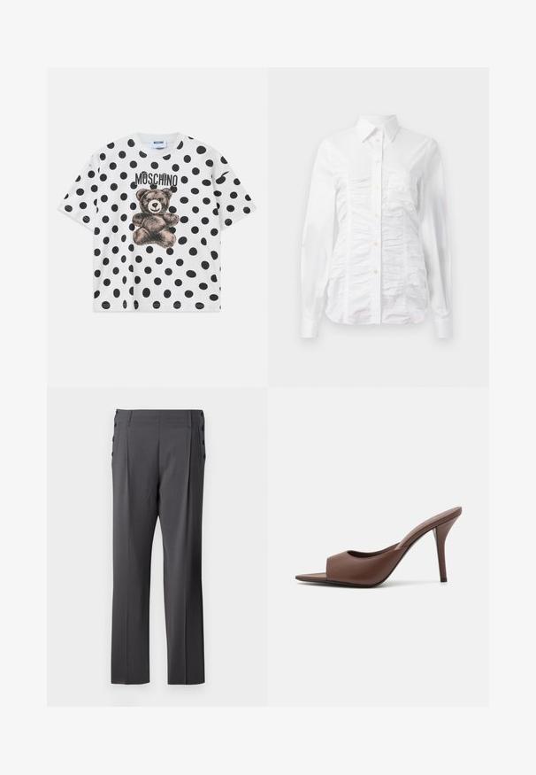 Biely bavlnený tričko s čiernym bodkovaným vzorom, grafikom medveďa a textom "Moschino" v čiernej farbe nad dizajnom. Krátke rukávy.; Biela košeľa s dlhými rukávmi, s nariasenou textúrou na prednej strane, malými zlatými gombíkmi a klasickým golierom.; Šedé nadmerne nohavice s rovnou nohou, prednými skladmi a dekoračnými bočnými knoflíkmi pre prípadné detaily. Hladká textúra látky.; Hnedé kožené sandále na vysokom opätku s otvorenou špičkou a elegantným dizajnom, s širokým predným pásikom a štíhlou stiletto pätou.