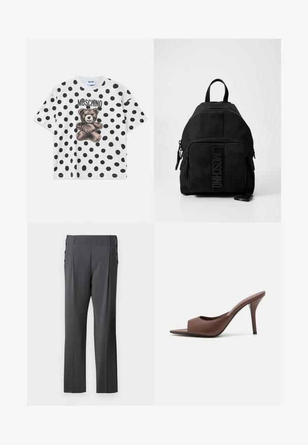 Valge puuvillane T-särk, millel on mustade täppidega muster, karu graafika ja "Moschino" tekst musta värviga disaini kohal. Lühikesed varrukad.; Valge nööpidega särk pikade varrukatega, millel on kortsus tekstuur ees, väiksed kuldsed nööbid ja standardne krae.; Hallitus räbalad sirge sääre kujundusega, ees voldid ja dekoratiivsed külg-nööbid lisaks detailiks. Sile kangastekstuuri.; Pruunid nahast avatud varvastega kõrged kontsad, millel on stiilne disain, laia eesrihma ja peene stilettokontsaga.; Mustalene Moschino seljakott esipaneeli lukuga tasku, ülaosa käepide ja logo detail esipaneelil.