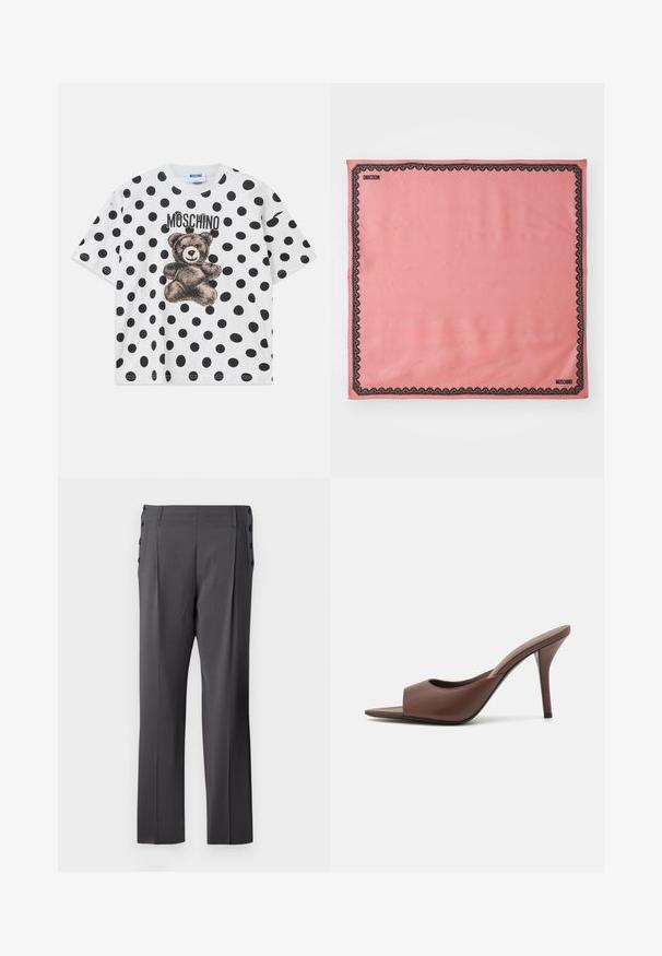 White cotton t-shirt featuring a black polka dot pattern, a bear graphic, and "Moschino" text in black above the design. Short sleeves.; White button-up shirt with long sleeves, featuring a ruched texture across the front, small golden buttons, and a standard collar.; Gray tailored pants featuring a straight leg design, front pleats, and decorative side buttons for added detail. Smooth fabric texture.; Brown leather open-toe high-heeled mules with a sleek design, featuring a wide front strap and a slender stiletto heel.; Pink silk scarf featuring a black lace border and "MOSCHINO" branding in one corner. Smooth texture, rectangular shape.