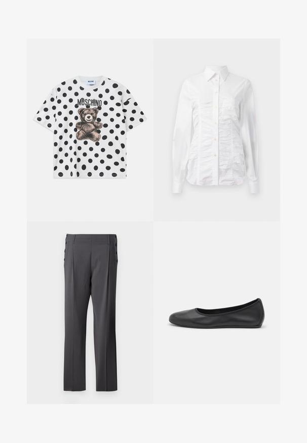 Biała bawełniana koszulka z krótkim rękawem, z czarnym wzorem w kropki, grafiką niedźwiedzia oraz napisem "Moschino" w czerni nad wzorem.; Biała koszula zapinana na guziki z długimi rękawami, z marszczonym wykończeniem z przodu, małymi złotymi guzikami i standardowym kołnierzykiem.; Szare eleganckie spodnie o prostym kroju, z fałdami z przodu i dekoracyjnymi guzikami po bokach dla dodatkowego efektu. Gładka faktura materiału.; Czarne skórzane baletki z zaokrąglonym noskiem, gładką fakturą, minimalnymi przeszyciami i elastycznym designem podeszwy.