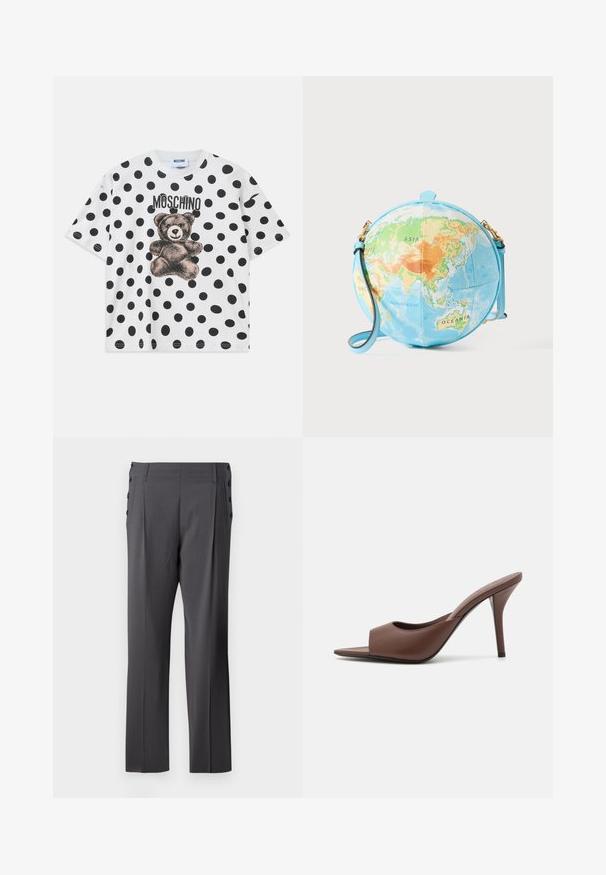 Biała bawełniana koszulka z krótkim rękawem, z czarnym wzorem w kropki, grafiką niedźwiedzia oraz napisem "Moschino" w czerni nad wzorem.; Szare eleganckie spodnie o prostym kroju, z fałdami z przodu i dekoracyjnymi guzikami po bokach dla dodatkowego efektu. Gładka faktura materiału.; Brązowe skórzane klapki na wysokim obcasie z odkrytymi palcami o eleganckim wzornictwie, z szerokim przednim paskiem i smukłym obcasem typu stiletto.; Okrągła torebka na ramię przypominająca globus, z jasnoniebieską podstawą i szczegółową mapą w odcieniach zieleni, pomarańczu i niebieskiego; ozdobiona złotymi elementami.