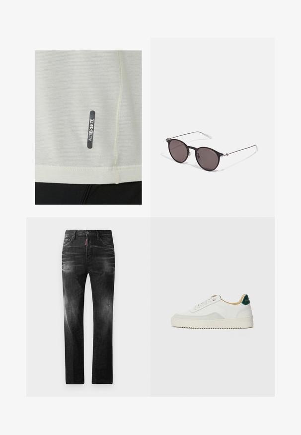 Helles graues Sportoberteil aus atmungsaktivem Stoff, mit einem schwarzen "ACTIBREEZE"-Etikett an der Seite und subtiler Struktur.; Schwarze Jeans aus Denim mit geradem Schnitt. Verfügt über ausgebleichte Bereiche, leichte Abnutzung, klassisches Fünf-Taschen-Design und einen Knopfverschluss.; Weiße Sneaker mit Wildlederelementen, runder Zehenpartie, flachen Schnürsenkeln und einer cremefarbenen Gummisohle. Mit grünen Markenlogo am Fersenbereich.; Schwarze runde Sonnenbrille mit dunklen Gläsern und schlanken Metallbügeln. Enthält klare Tempelspitzen und silberne Akzente am Scharnier. Minimalistisches Design.