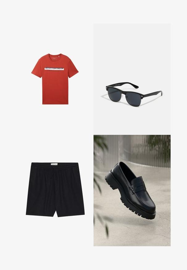 Punainen puuvillapaita, jossa on pyöreä kaula-aukko ja lyhyet hihat. Paidassa on mustavalkoinen painettu logokuvio edessä.; Mustat, elastiset vyötäröshortsit, joissa on nyöri, sileäpintaiset ja suorarunkoiset, sopivat arkikäyttöön.; Mustat nahka loaferit, joissa on paksu pohja, koristeellinen nauha ja ompelu yksityiskohtana. Liukas pinta kiiltävällä viimeistelyllä.; Mustat aurinkolasit, joilla on suorakulmainen muoto, tummat linssit, hopeiset yksityiskohdat temppeleissä ja matta pinta kehykset.
