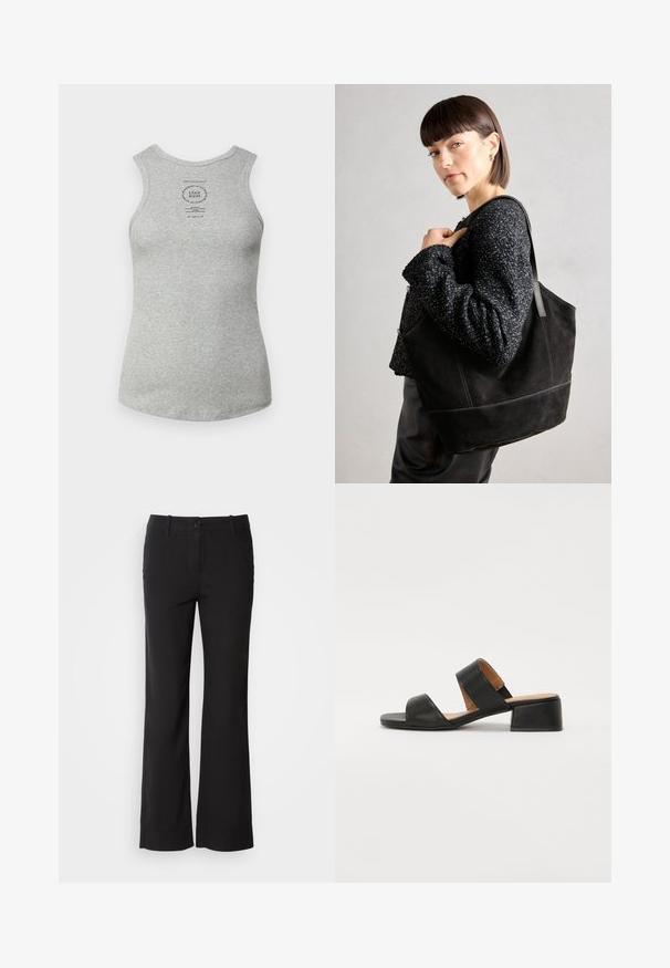 Graues Baumwoll-Tanktops mit Rundhalsausschnitt, ärmellosem Design und einem bedruckten Etikett in der Mitte. Glatte Textur und taillierte Form.; Schwarze Baumwollmischungshose mit geradem Bein, vorderem Knopfverschluss und zwei Seitentaschen. Glatte Textur, keine sichtbaren Muster.; Schwarze Ledersandale mit zwei breiten Riemen über dem Fuß, einer quadratischen Zehenpartie und einem niedrigen Blockabsatz. Glatte Textur und minimalistisches Design.; Schwarze Wildleder-Tote-Tasche mit glatter Textur, strukturiertem Design und kontrastierenden Nähten. Verfügt über lange Träger zum Tragen über der Schulter.