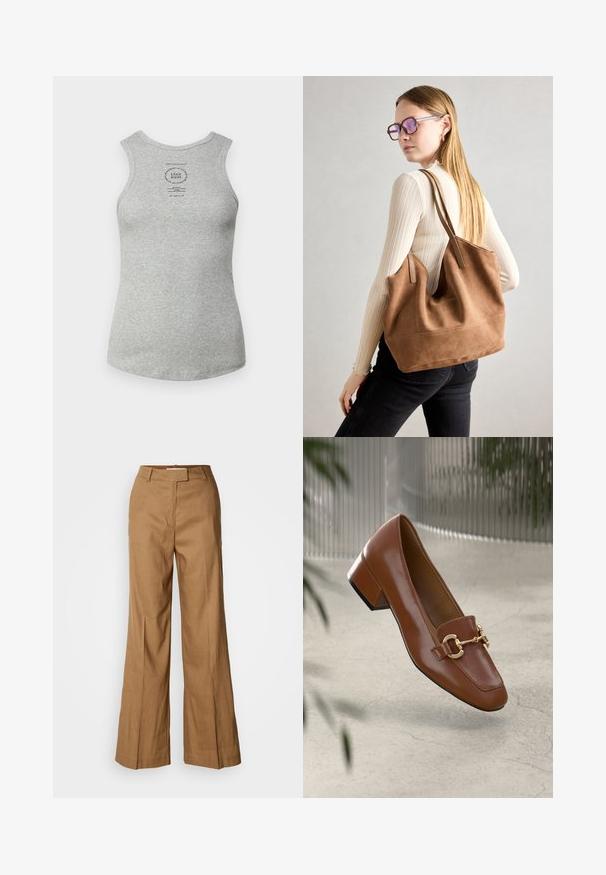 Grijze katoenen tanktop met een ronde halslijn, mouwloos ontwerp en een bedrukt label in het midden. Soepele textuur en aansluitende pasvorm.; Bruine wijde broek van lichtgewicht stof. Heeft een platte voorkant, riemlussen en een getailleerde pasvorm met een enkel-lange snit.; Bruine lakleren loafer met vierkante neus, metallic kettingaccent en lage blokhak; gladde textuur, minimalistisch ontwerp.; Bruine suède totebag met zachte textuur, grote opening en lange hengsels. Het heeft een eenvoudig ontwerp met zichtbare stiksels en geen hardware.