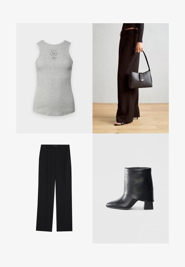 Šedý bavlnený tielko s okrúhlym výstrihom, bezrukávovým dizajnom a potlačenou etiketou v strede. Hladká textúra a priliehavý strih.; Čierne nohavice so strihom rovného nohu, s dvoma prednými vreckami a pásom. Vyrobené z hladkej, ľahkej textílie.; Čierna kožená členková obuv s špicatou špičkou, hladkou textúrou a štruktúrovaným blokovým podpätkom. Obsahuje vysoký, prehnutý dizajn.; Čierna kabelka so štruktúrovaným tvarom, hladkou textúrou a kovovou sponou. V kombinácii so širokými čiernymi nohavicami a sandálmi s otvorenou špičkou na drevenej podlahe.