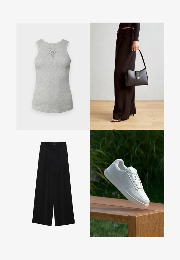 Top din bumbac gri, cu guler rotund, fără mâneci și etichetă imprimată în centru. Textură netedă și formă ajustată.; Pantaloni largi negri dintr-un material texturat, cu un tiv elastic și o panglică detașabilă la talie pentru un fit ajustabil.; Sneaker alb cu un upper sintetic neted, cu vârf perforat, șireturi plate și o talpă texturată, expus pe o suprafață de lemn.; Genți negre cu o formă structurată, textură netedă și un închizător metalic. Asortată cu pantaloni negri largi și sandale cu vârf deschis pe un podea din lemn.