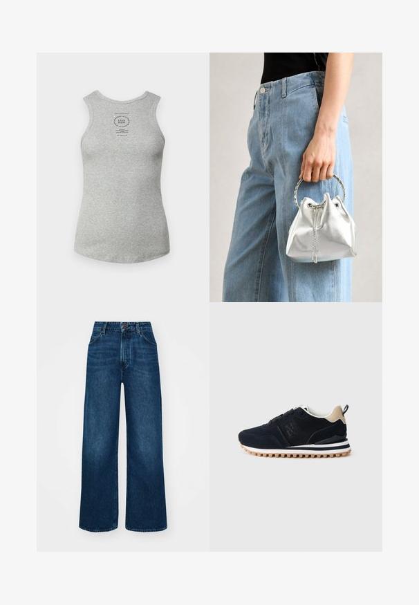 Top de algodão cinza com decote redondo, design sem mangas e um rótulo impresso no centro. Textura suave e forma ajustada.; Jeans de cintura alta e pernas largas em denim azul escuro com uma textura suave, costuras em contraste e design de cinco bolsos. Fecho frontal com botão.; Sapatilha atlética em azul marinho, com um cabedal em malha e camurça, detalhes em bege, entressola branca e sola de borracha texturizada com um padrão de ranhura.; Saco de balde prateado metálico com um acabamento texturizado, adornado com uma pega redonda prateada e fecho de cordão, segurado contra jeans azul claro.
