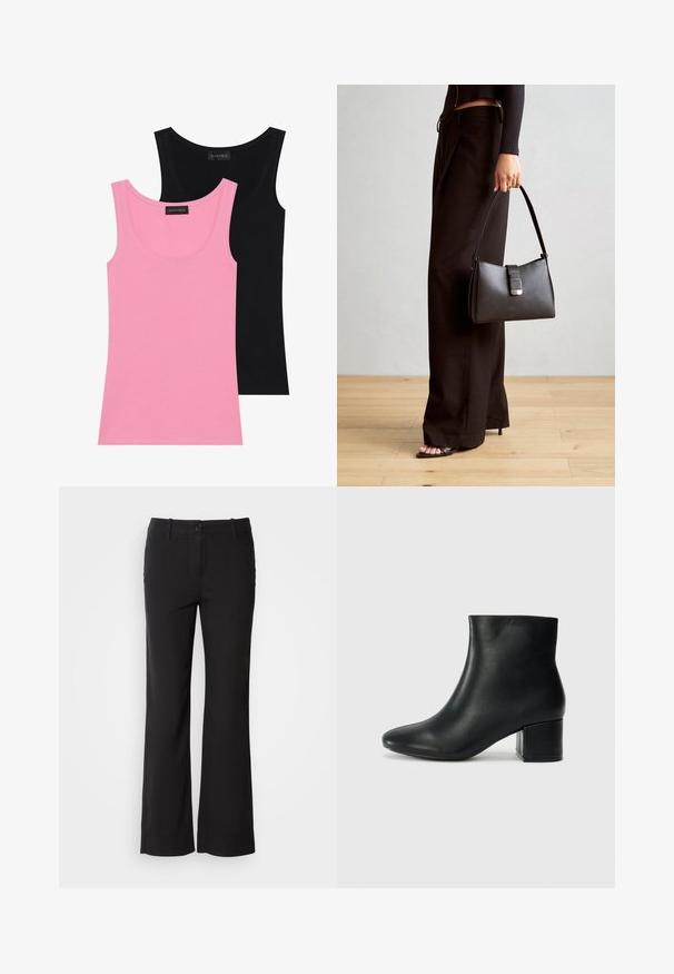 Dva bezrukavnih topa u ružičastoj i crnoj boji. Izrađeni su od mekog pamuka s mješavinom, imaju okrugle izreze i prilagođene su tijelu s minimalnim šavovima.; Crne hlače od pamučne mješavine ravnog kroja, s prednjim kopčanjem na gumb i dva bočna džepa. Glatka tekstura, bez vidljivih uzoraka.; Crne kožne čizme do članaka s uskim vrhom i debelim potplatom. Glatka tekstura s minimalnim detaljima i elegantan, prilagođen dizajn.; Crna torba s oblikom koji sadrži strukturu, glađu teksturu i metalnu kopču. Uparena s širokim crnim hlačama i sandalama na otvorenom s drvenog poda.