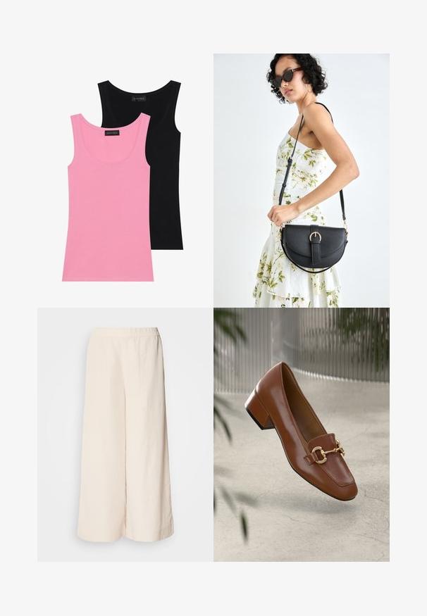 Două bluze fără mâneci, una roz și una neagră. Realizate dintr-un amestec moale de bumbac, având decolteu rotund și o croială ajustată cu cusături minime.; Pantaloni largi crema cu talie elastică, având o croială lejeră și o textură netedă, potriviți pentru ținute casual.; Mocasini din piele patent cafenie, cu vârf pătrat, accent cu lanț metalic și toc mic; textură netedă, design minimalist.; Geantă din piele neagră, cu o formă curbată, curea detașabilă și accesorii aurii. Geanta are un capac cu un detaliu tip cataramă.