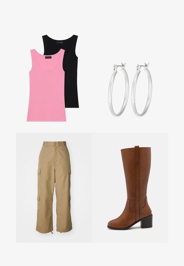 Kaksi hihattomaa toppia vaaleanpunaisena ja mustana. Valmistettu pehmeästä puuvillasekoitteesta, jossa on pyöreät kaula-aukot ja muotoonommellut linjat, joissa on vain vähän saumoja.; Beige cargo-housut korkealla vyötäröllä, leveillä lahkeilla ja neljällä suurella sivutaskulla. Valmistettu kestävästä kankaasta, jossa on sileä pinta ja minimaalinen yksityiskohtaisuus.; Kahva nahkainen polven ylle ulottuva saapas, jossa on pyöristetty kärki, sivusaumat ja lohkare korko. Varustettu takana olevan vetoketjun avulla, mikä helpottaa pukemista.; Hope-silver rengas, joissa on sileä ja kiillotettu pinta. Pyöreä muoto ja turvallinen napsautettava lukitus. Kevyt muotoilu sopii päivittäiseen käyttöön.