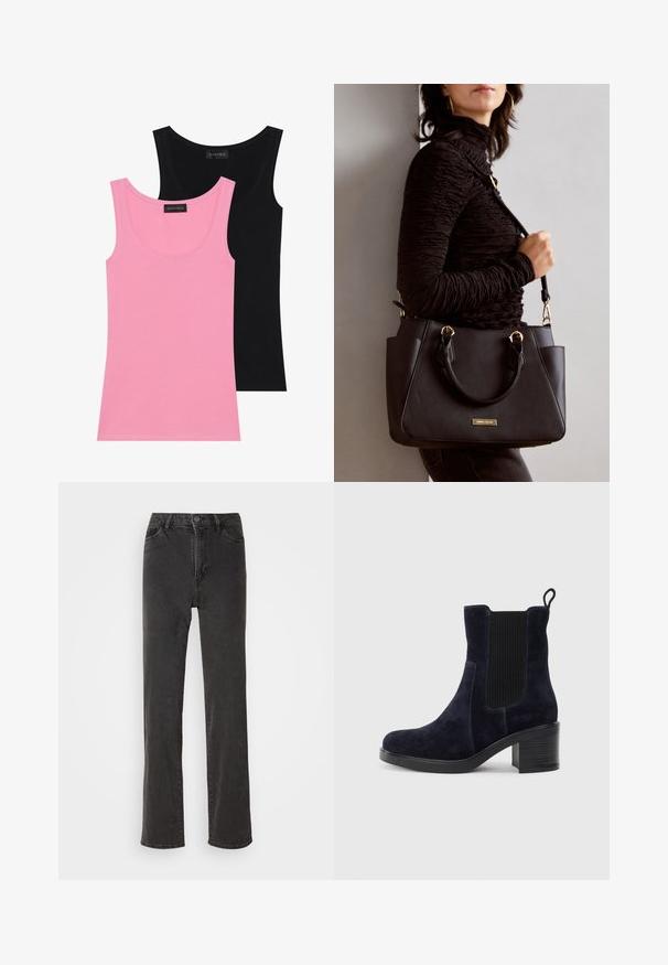 Zwei ärmellose Oberteile in Pink und Schwarz. Hergestellt aus einem weichen Baumwollgemisch, mit Rundhalsausschnitten und figurnahen Schnitten mit minimalen Nähten.; Schwarze Denim-Jeans mit geradem Schnitt, hoher Taille, fünf Taschen und Knopfverschluss. Das Material hat eine leichte Textur, keine sichtbaren Muster.; Schnürstiefelette aus dunkelblauem Wildleder mit elastischem Seitenpanel, runder Spitze und Blockabsatz. Das strukturierte Material und die glatte Sohle sorgen für Kontrast.; Schwarze Handtasche mit strukturierten Oberflächen, doppelten Obergriffen und verstellbarem Schultergurt. Mit goldfarbener Hardware und Seitentaschen.