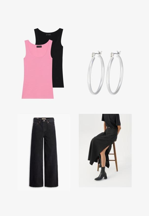 Dve tielka bez rukávov v ružovej a čiernej farbe. Vyrobené z mäkkej zmesi bavlny, s okrúhlym výstrihom a priliehavým strihom s minimálnym počtom švov.; Čierne nohavice s voľným strihom vyrobené z denimu, obsahujúce päť vreciek, medené nitky a klasické zapínanie na gombík. Hladká textúra s čistým dizajnom.; Čierna ľanová maxi sukňa s vysokým rozparkom, nosená s čiernym tričkom a čiernymi členkovými čižmami. Minimalistický dizajn s voľným strihom.; Strieborné kruhové náušnice s hladkým, lesklým povrchom. Kolový tvar a bezpečné klikanie na uzatváranie. Ľahký dizajn vhodný na každodenné nosenie.